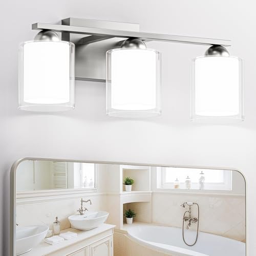 Quntis 3 Light Brushed Nickel Bathroom Light Fixtures, Modern Vanity