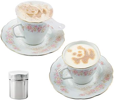 AIFUDA 3 Pack Stainless Steel Powder Shaker with 16 pcs Printing Molds Stencils, Powder Cans with Mesh for Coffee Cappuccino Latte, Dredge Shaker with Hole for Kitchen, Restaurants
