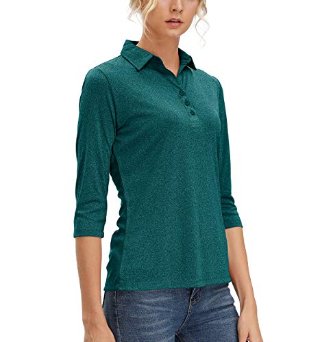 Women's 3/4 Sleeve V Neck Golf Shirts Moisture Wicking Performance Knit Tops Fitness Workout Sports Leisure T-Shirt (Dark Green, L) #TOP1
