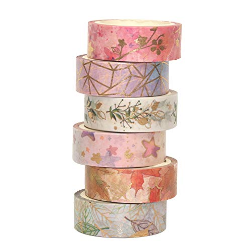 YUBBAEX Floral Gold Washi Tape Set 6 Rolls VSCO Foil Masking Tape Decorative for Arts, DIY Crafts, Journal Supplies, Planners, Scrapbook, Card/Gift Wrapping -15mm- (Romantic Flowers) - Thumbnail 4