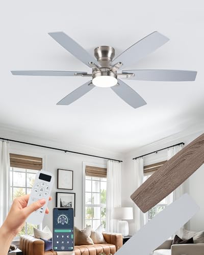 Coolwind 52 Inch Silver Low Profile Ceiling Fan with Light, 6 Speeds 3 Color Temperatures