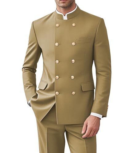 Men 2 Pieces Chinese Tunic Suit Mandarin Collar Suits for Men Gold Button Jacket Pant Set Traditional Wedding