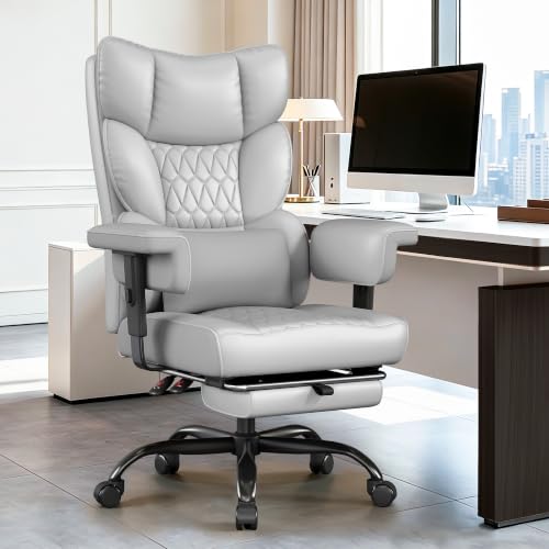 Image of Misolant Big and Tall Office Chair with Footrest, High Back Executive Desk Chair with Adjustable Lift Armrest, 155Recline,Lumbar Support Pillow, Faux Leather Gaming Chairs for Home or Office Gray