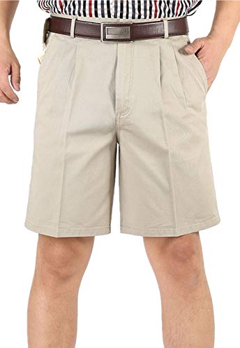 Flygo Men's Classic Fit Inseam Chino Oxford Shorts Pleated Flat Golf Shorts (38, Beige)
