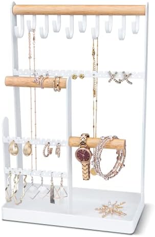 V-LAFUYLIFE Jewelry Organizer Stand Necklace Holder, 6-Tier Jewelry Tree Stand Organizer with Bracelet Holder Ring Tray and 10 Hooks 88 Holes for Earring Holder Jewelry Tower Rack -White
