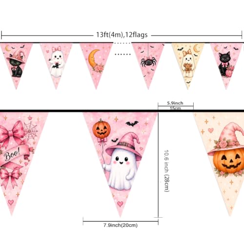 Image of Pink Halloween Banner with 12 Fabric Triangle Pennants, Coquette Bow Ghost Black Cat Pumpkin Garland, Cute Farmhouse Halloween Decor for Bedroom, Kitchen, Party, Ready to Hang, 13FT
