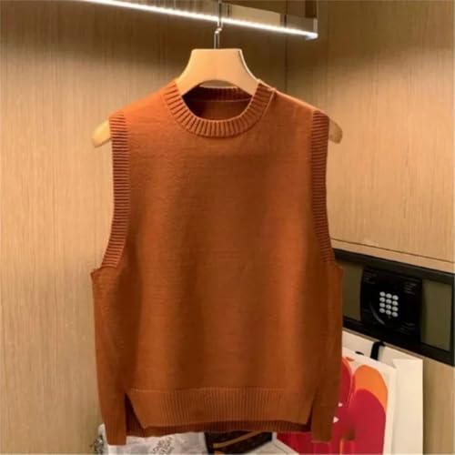 Men Sleeveless Knit Sweater Vest Brown Crew Neck Pullover Warm Wool Casual Waistcoat Layering Top4