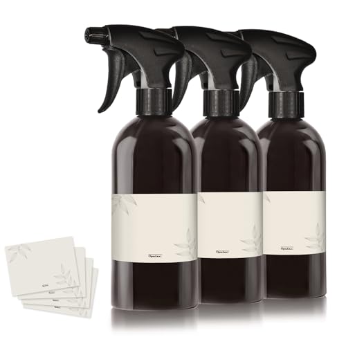 Oputec 3 x 500ml Sprühflaschen aus Kunststoff Schwarz zum Befüllen, mit ergonomischem Sprühkopf + Etiketten - Leere Wassersprühflasche für Pflanzen, Blumen, Reinigungsmittel, Haarpflege und mehr