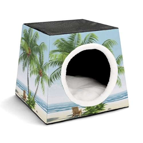 FODPAND Tropical Palm Tree Cat Bed Cave for Small Dog Cat House 3-in-1 Foldable Cats Beds with...