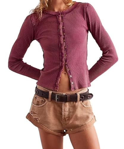 Image of Women's Slim Fitted Cardigan Ribbed Knit Long Sleeve Button Down Shirt Crewneck Y2K Blouse Tops,WineRed,S
