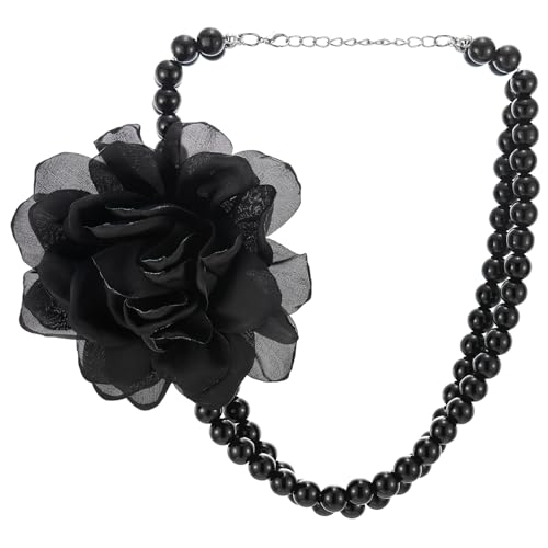 COOLSTEELANDBEYOND Women's Black Rose Beaded Necklace, Large Floral Statement Choker, Double-Strand Noir Bead Jewelry, Bold Romantic Accessory, Edgy Glamour Style, Gift for Her