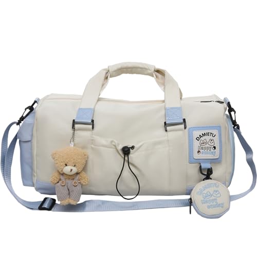 Kawaii Travel Duffel Bag with Cute Accessories Nylon Tote Gym Casual Crossbody Shoulder Weekender Overnight Bag (Blue)