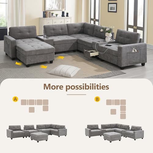 Merax 6 Seater Chenille Sectional Couches with 2 Acrylic Table Top Consoles, Upholstered Modular Tufted Sofa Chaise with Ottoman, Storage Drawers, Pockets, USB Charger & Cup Holders for Living Room by Merax - Used condition - Image 6