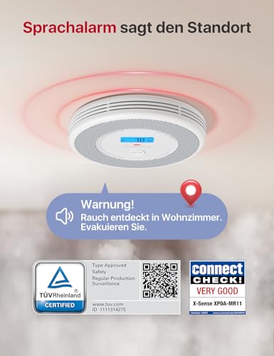 X-Sense WLAN-Rauch- und Kohlenmonoxidmelder, Sprachalarm und Standortansage, 2-in-1 Rauchmelder mit SBS50 Basisstation, XP0A-MR11, 1 Stück – Ansicht 2