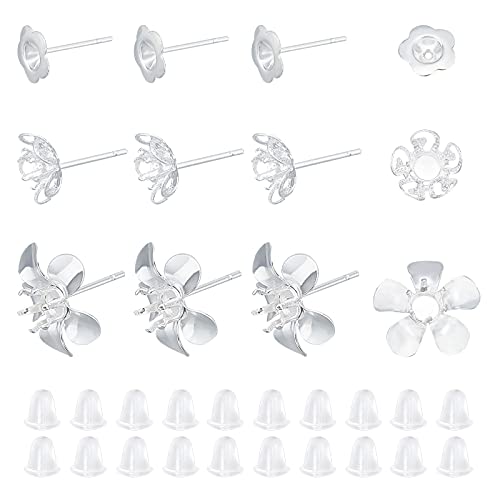UNICRAFTALE About 30pcs 3 Styles Silver Flower Stud Earrings with Plastic Ear Nuts Hypoallergenic Earrings 0.7mm Pin Stainless Steel Stud Earring Findings for DIY Jewellery Making