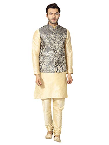 Image of Uri and MacKenzie Men's Silk Blend Regular Kurta Churidar Pyjama with Bundi Nehru Jacket /Waistcoat