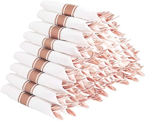 Supernal Set of 90 packs Rose Gold Silverware, Pre Rolled Silverware with Rose Gold, Wrapped Plastic Silverware,Rose Gold Cutlery,Heavy Weight Cutlery with Linen Napkin Suit for Wedding,Party
