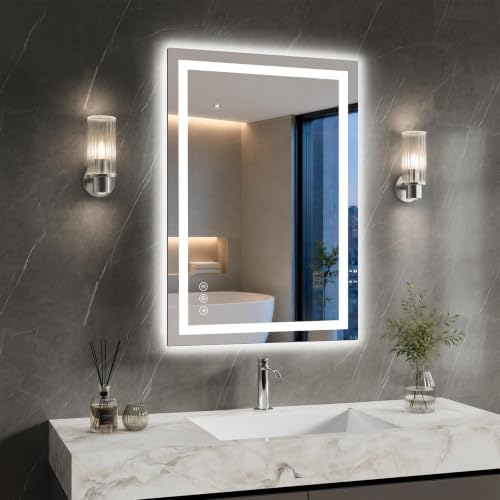 XRAMFY Badspiegel mit Beleuchtung 50x70cm mit Anti-Beschlag, IP65 Wassergeschützt, Spiegel mit Beleuchtung Dimmbar mit 3 Lichtfarben