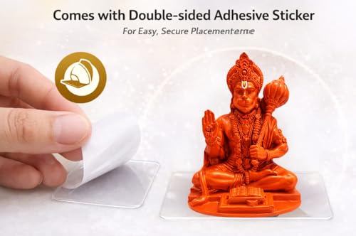 Image of Yadava Orange Hanuman Ji Idol with Double Sided Adhesive Sticker for Home Temple & Car Dashboard | Hanuman Murti with Gada | Powerful Hanuman Statue for Strength, Courage & Protection (Orange)