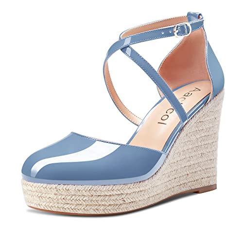 Aachcol Mujer cuña Esparto Plataforma Pumps Redonda Punta Correa Tobillo Chunky Ancho Alto High Heel Dress Zapatos Pumps de Boda Charol Azul B 10 CM 38 EU