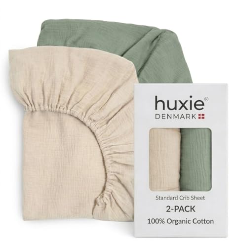 Image of Crib Sheets – Organic Cotton Muslin Fitted Crib Sheet – Standard Size for Baby Boy and Baby Girl 28" x 52" Ultra-Soft and Breathable. 2-Pack (Fog/Roman Green)