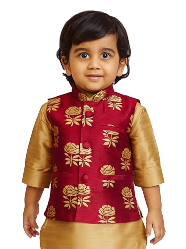 Image of JBN Creation Boys' Silk Blend Nehru Jacket || Banarasi Brocade Woven Jacquard Modi /Nehru Jacket || Ethnic Wear for Festivals, Weddings