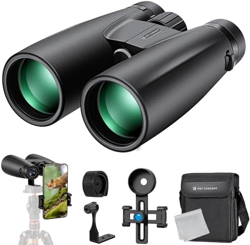 K&F Concept® 12X50 Binoculars Telescope with Smartphone Adapter, Tripod Adapter, Cleaning Cloth, FMC Lens BAK4 Prism for Adults Kids, HD Binoculars for Bird Watching Hunting Hiking Camping Travelling