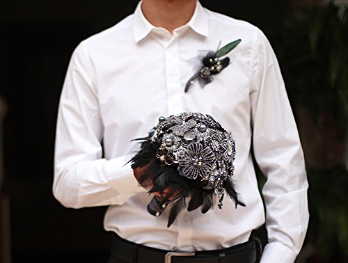 Bouquet de mariage gothique noir de 20 cm avec plumes et broches en gemmes chic