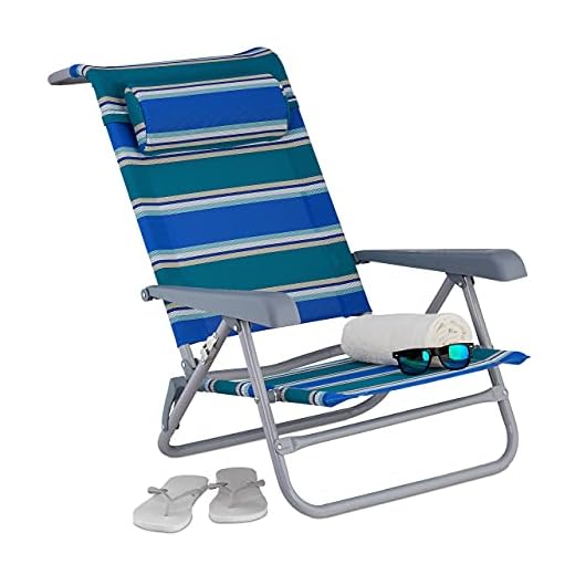 Relaxdays Tumbona Playa Plegable, Reclinable, Silla Piscina Reposacabezas, Brazos, Abrebotellas, Rayas Azul/Verde/Blanco, Multicolor, 1 Pieza