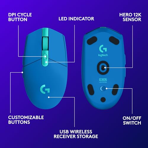 Image of Logitech G305 Lightspeed Wireless Gaming Mouse, Hero Sensor, 12,000 DPI, Lightweight, 6 Programmable Buttons, 250h Battery, On-Board Memory, Compatible with PC, Mac - Blue