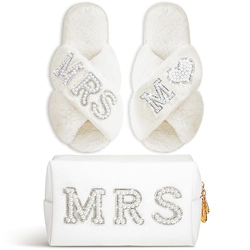 Image of Xtinmee Personalized Initial Wedding Bride Slipper Mrs Pearl Letter Makeup Bag Bachelorette Party Bridal Shower Wedding Gifts(M)
