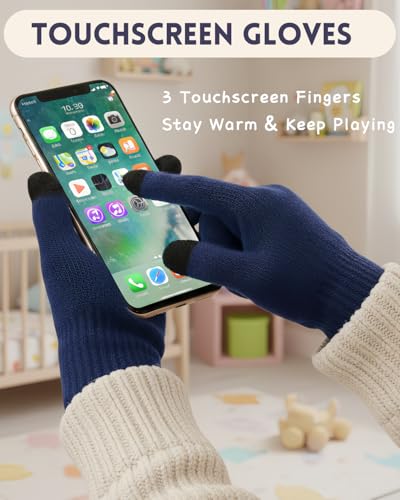 Image of Kids Winter Beanie Hat Scarf Gloves Set 3Pcs, 3-12Y Fleece Lined Knit Hat With Earmuffs Pom Touchscreen Gloves For Boys Girls
