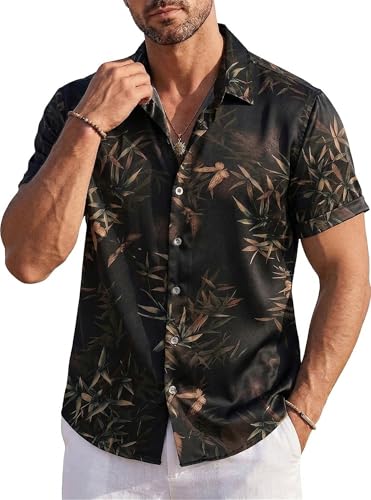 GIANZEN Mens Hawaiian Shirts Short Sleeve Beach Button Down Tropical Summer Party Printed Casual Graphic Shirt Novelty Navy Leaf Size XL