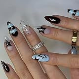Almond Press on Nails Medium Fake Nails Y2k False Nails Black Blue Glue on Nails with | Star | Spots | Stick on Nail Press ons Acrylic Nail for Woman Manicure Decorations 24Pcs