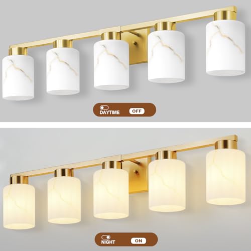 Image of 5-Light Bathroom Light Fixtures, Modern Vanity Lights, Gold Metal Wall Lamp with White Marble Glass for Bathroom, Mirror, Living Room, Bedroom, Cabinet, Porch, Hallway, E26 Base