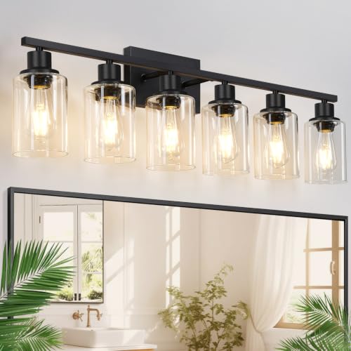 Image of Indoi 6-Light Bathroom Light Fixtures, Matte Black Modern Vanity Lights with Clear Glass Shades, Bathroom Wall Lamp for Mirror Living Room Cabinet Bedroom Porch