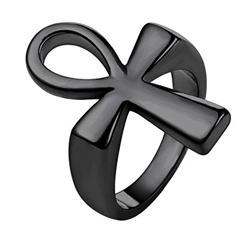 U7 Jewelry Ankh Rings Ancient Egyptian Eye of Ra Horus Ring Stainless Steel/Gold Plated/Black Color Egypt Symbol Rings for Men Women 02-Ankh Cross-Bla