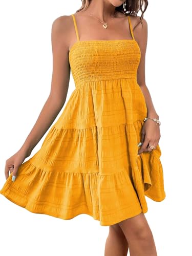 Image of SKAYS Womens Cami Mini Dress Smock Casual A Line Swing Sundress Summer Sleeveless Solid Ruffle Hem Short Dresses