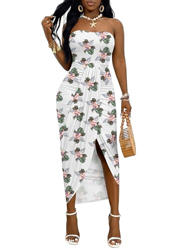 Image of Umenlele Women's Strapless Ruched High Waist Wrap Split Asymmetrical Beach Maxi Long Dress