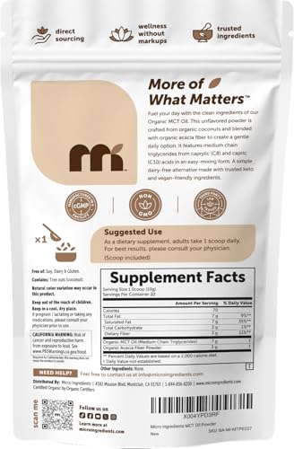Image of Micro Ingredients Organic MCT Oil Powder with Prebiotic Fiber, 8 oz | C8 & C10 MCT Oil for Coffee Creamer, 22 Servings | Unflavored, Keto & Vegan Friendly, Non-GMO, Gluten Free
