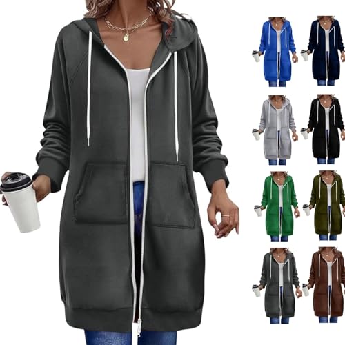Generisch Sweatjacke Damen Lang mit Kapuze Fleecejacke Herbst Winter Übergangsjacke Casual Einfarbig Kapuzenjacke Oversize Kapuzenpullover mit Reißverschluss und Taschen Dunkelgrau XL
