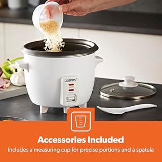 GEEPAS Rice Cooker with Steamer | Keep Warm Function | Automatic Cooking Non-Stick Inner Pot | Make Rice & Steam Healthy Vegetables | Includes Measuring Cup, Spatula & Tempered Lid (0.6L- 300W)