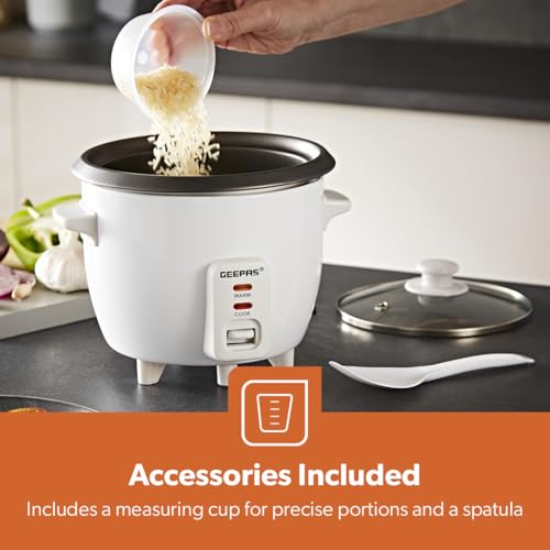 GEEPAS Rice Cooker with Steamer | Keep Warm Function | Automatic Cooking Non-Stick Inner Pot | Make Rice & Steam Healthy Vegetables | Includes Measuring Cup, Spatula & Tempered Lid (0.6L- 300W) - Image 4