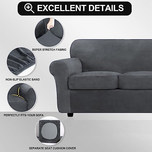 Festicorp Velvet Sofa Covers For 2 Cushion Couch Sofa Slipcovers For 2 Seat Cushion Couch, Stretch Love Seat Couch Covers, 3 Piece Couch Cover, Thick Furniture Covers For Dogs Pets, Grey #TOP1
