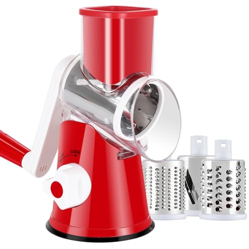 Ancevsk Manual Rotary Cheese Grater, Mandoline Vegetable Slicer with 3 Interchangeable Blades (Red)