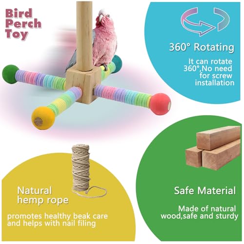 Image of Upgraded Parrot Perch Toy,Rotating Bird Perch Stand with Chew Ball Toy for Small&Medium Birds,Bird Cage Accessories for Parakeets Cockatiels Lovebirds Conures Finches Budgies (Rainbow Colors)