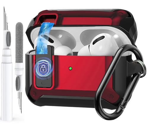 Image of Olytop for Airpods Pro 3 Case with Magnetic Automatic Lock, Rugged Apple Airpods Pro 3rd Generation Cover 2025, Armor Shockproof iPod Pro3 Gen Protective Shell with Carabiner&Cleaner kit, Black /Red
