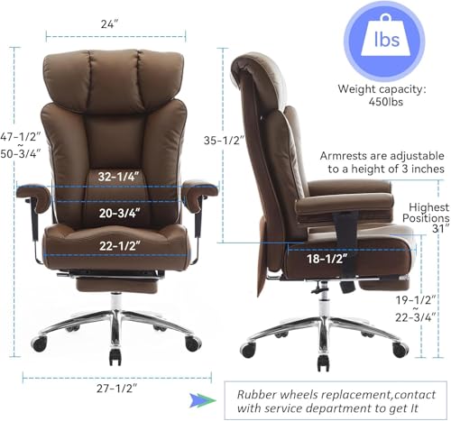 Image of Efomao Ergonomic Office Chair 450LBS with Foot Rest, High Back PU Leather Executive Office Chair with Adjustable Armrests, Lumbar Support for Home or Work, Computer Chair, Brown