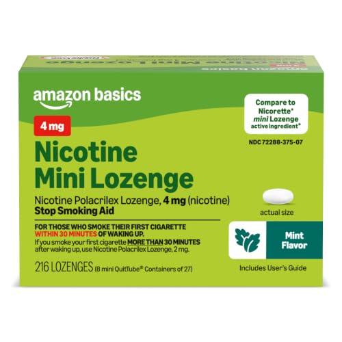 Amazon Basic Care Nicotine Polacrilex Mini Lozenge, 4 mg (Nicotine), Mint Flavor, Stop Smoking Aid, Quit Smoking, Reduces Cravings, 216 Count, 8-Pack of 27