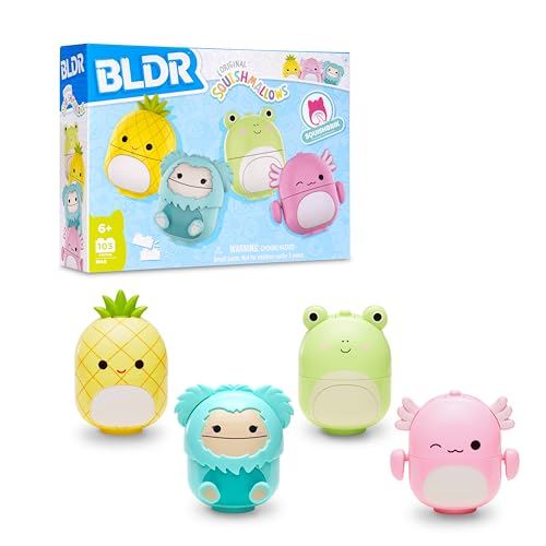 BLDR Squishmallows Buildable Figure Multipack - Maui the Pineapple, Joelle the Bigfoot, Wendy the Frog, Archie the Axolotl - Squishmallows Fans 8+, 0140